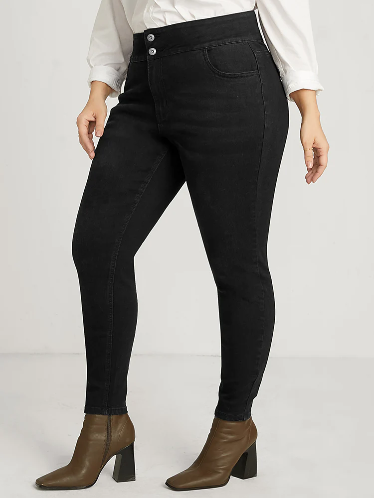 Skinny Slightly Stretchy High Rise Black Wash Double Button Jeans - Image 3