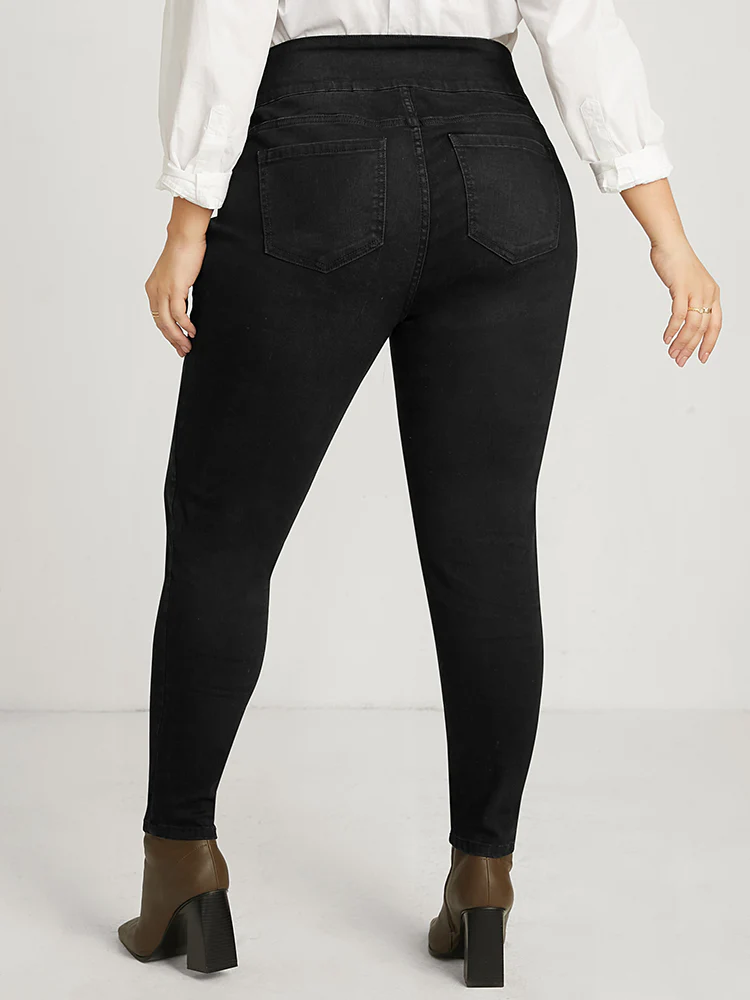 Skinny Slightly Stretchy High Rise Black Wash Double Button Jeans - Image 4