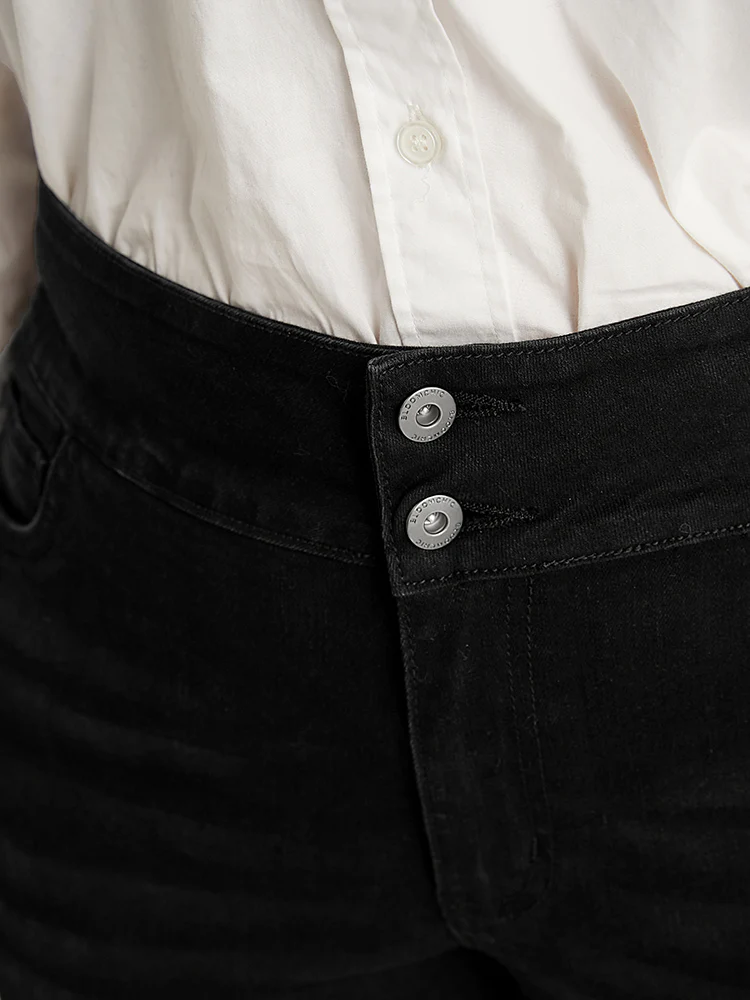 Skinny Slightly Stretchy High Rise Black Wash Double Button Jeans - Image 6
