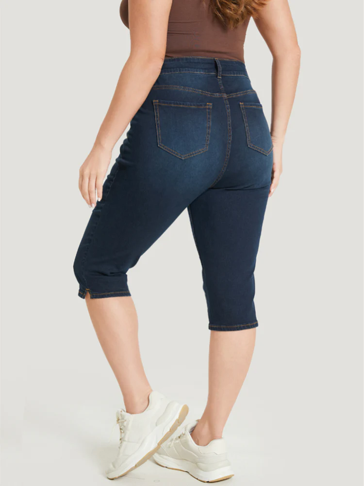 Skinny Very Stretchy Dark Wash Split Knee Denim Shorts - Image 10