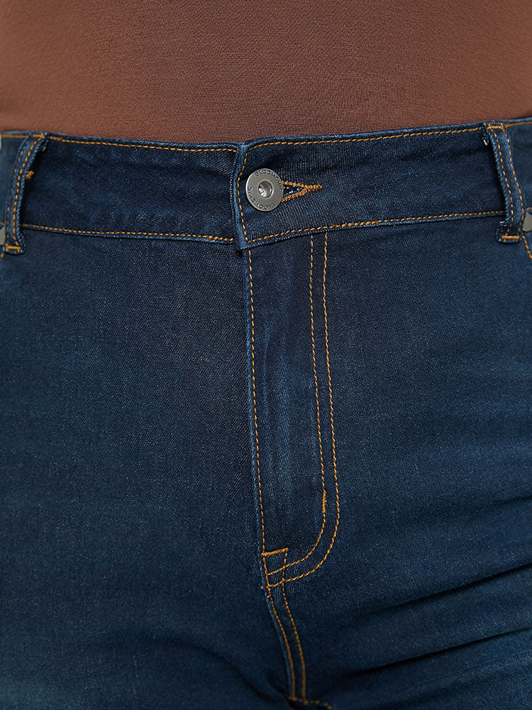 Skinny Very Stretchy Dark Wash Split Knee Denim Shorts - Image 11