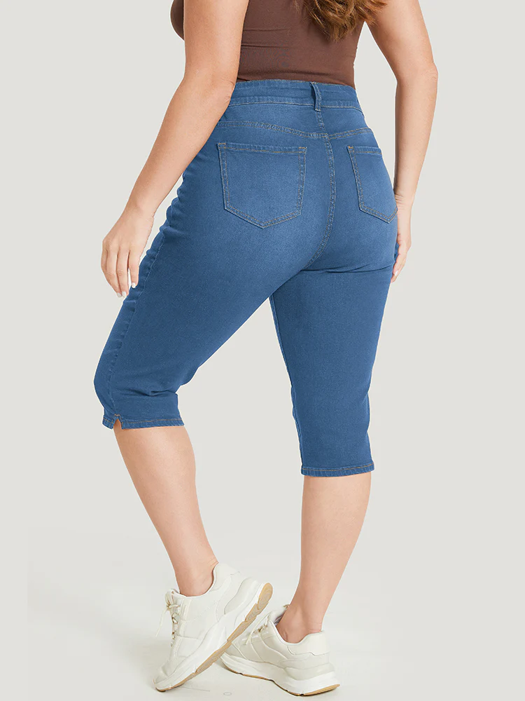 Skinny Very Stretchy Dark Wash Split Knee Denim Shorts - Image 3