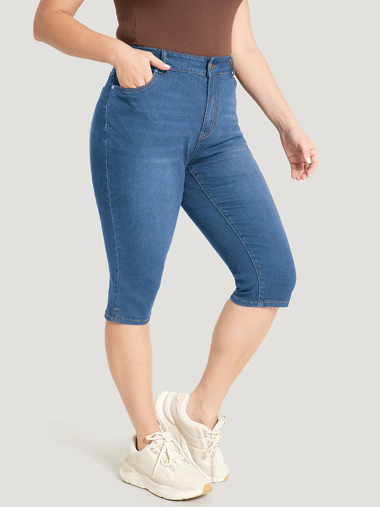 Skinny Very Stretchy Dark Wash Split Knee Denim Shorts - Image 4