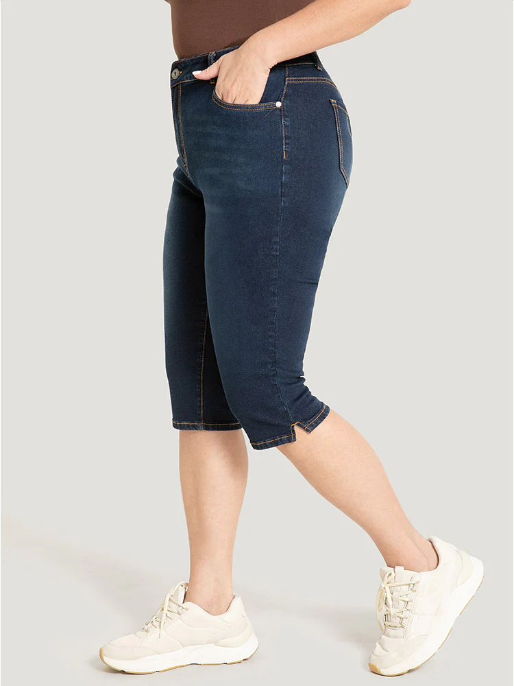 Skinny Very Stretchy Dark Wash Split Knee Denim Shorts - Image 7