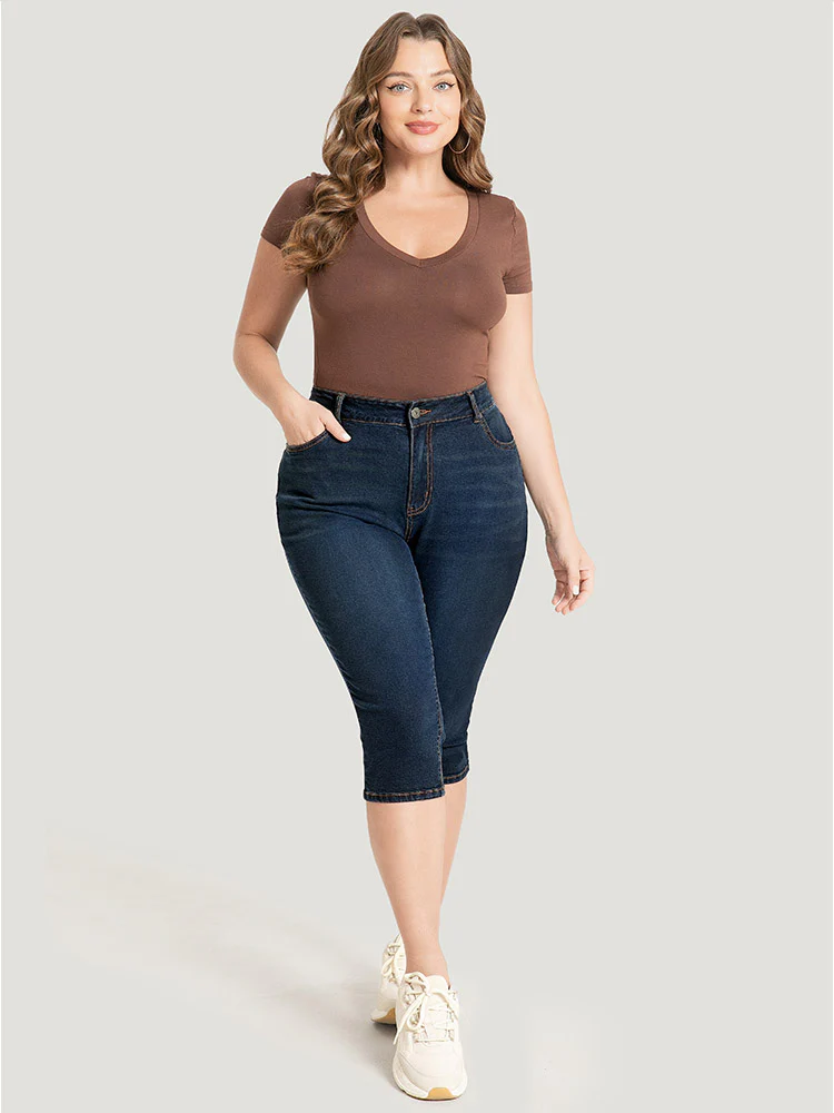 Skinny Very Stretchy Dark Wash Split Knee Denim Shorts - Image 9
