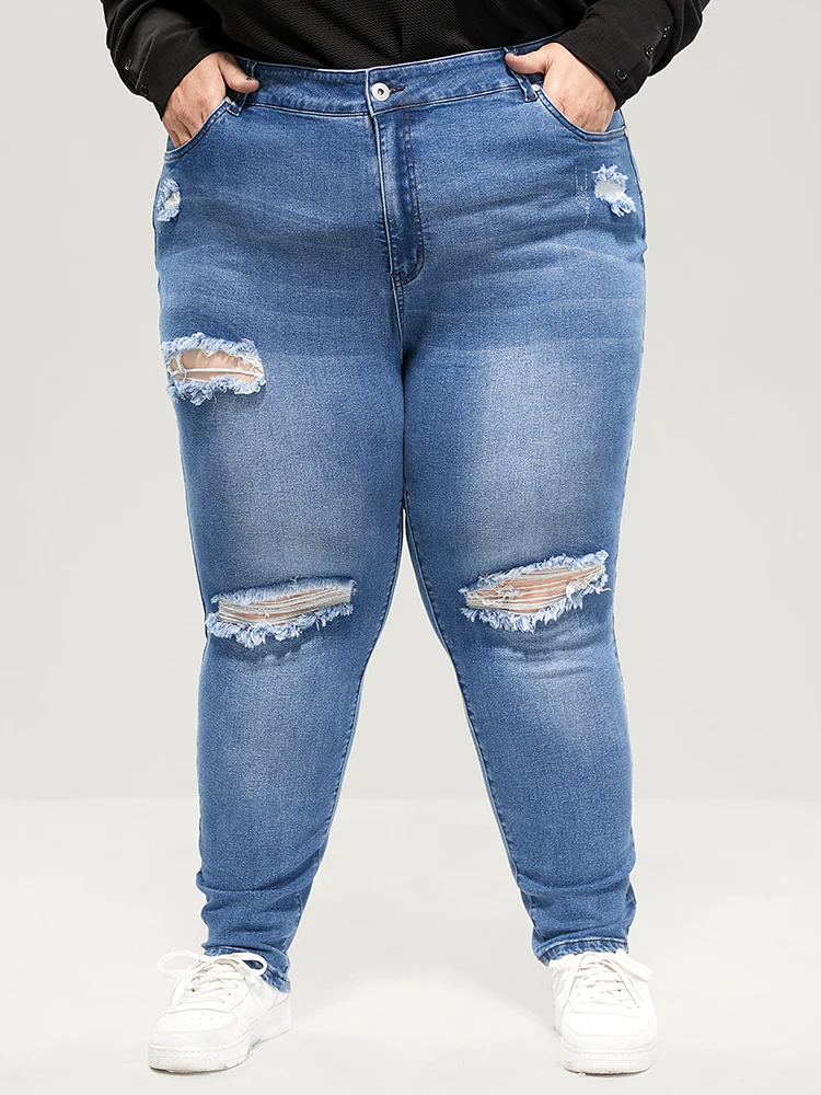 Skinny Very Stretchy High Rise Asymmetrical Distressed Jeans - Image 11
