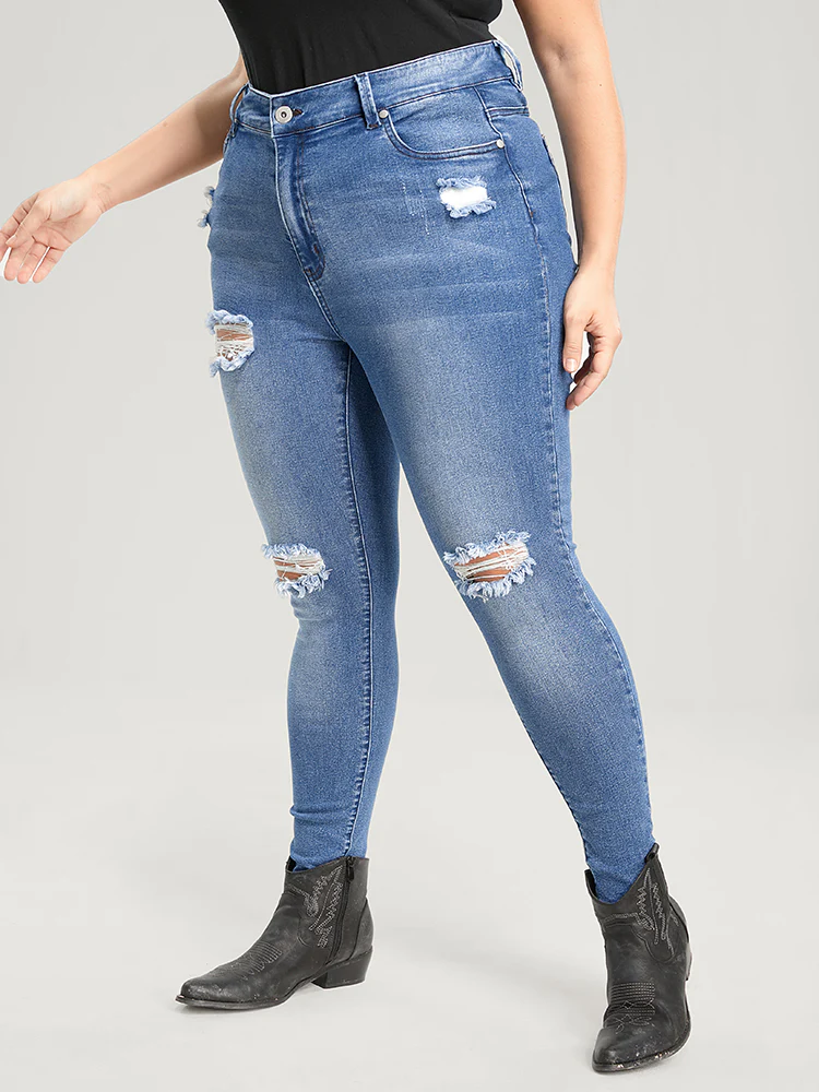 Skinny Very Stretchy High Rise Asymmetrical Distressed Jeans - Image 3