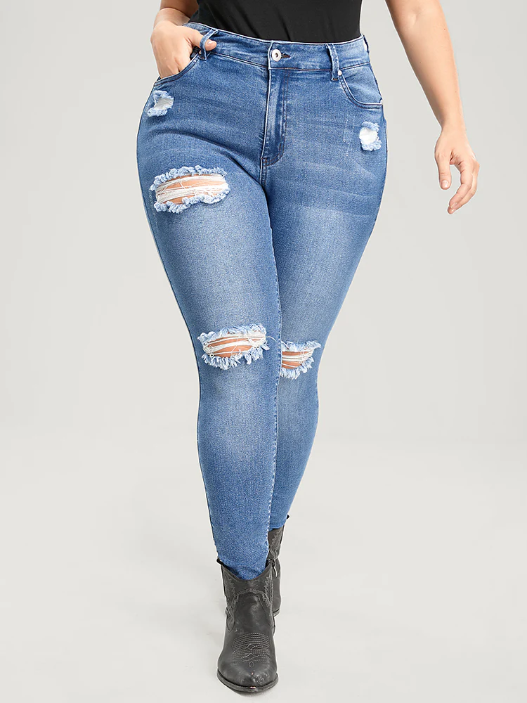 Skinny Very Stretchy High Rise Asymmetrical Distressed Jeans - Image 4