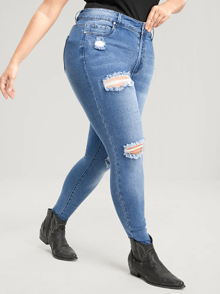 Skinny Very Stretchy High Rise Asymmetrical Distressed Jeans - Image 5