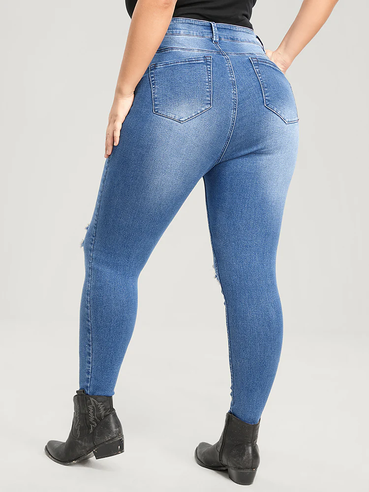 Skinny Very Stretchy High Rise Asymmetrical Distressed Jeans - Image 6