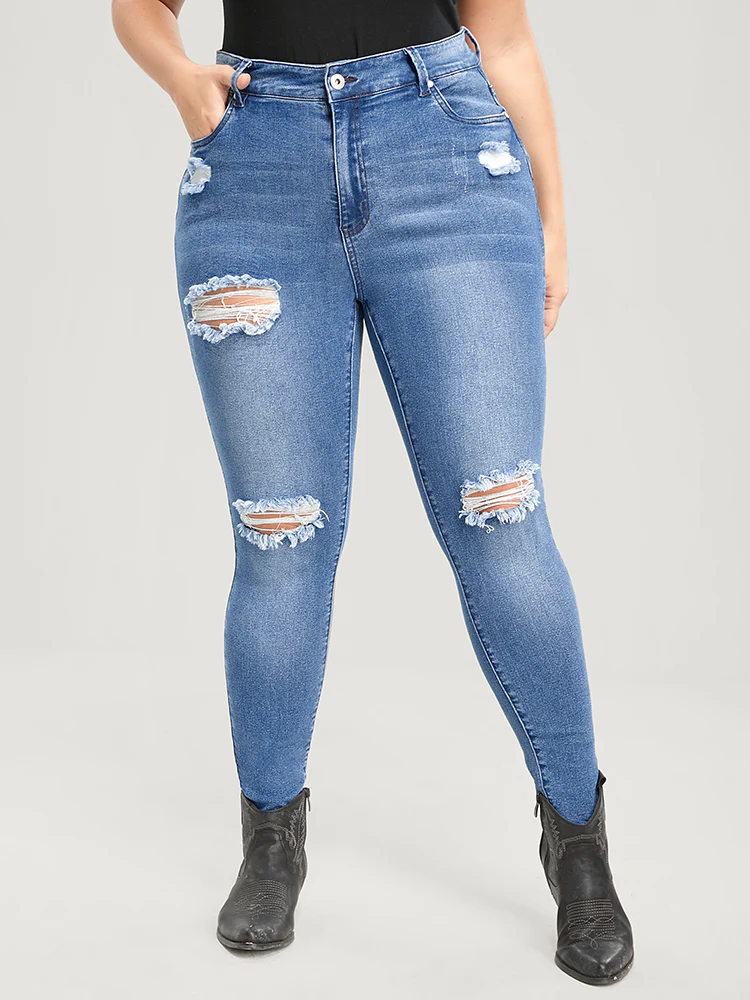 Skinny Very Stretchy High Rise Asymmetrical Distressed Jeans - Image 7