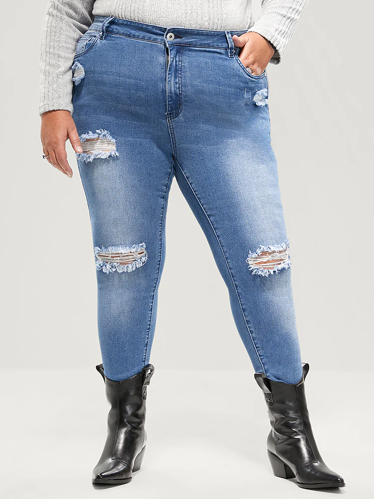 Skinny Very Stretchy High Rise Asymmetrical Distressed Jeans - Image 9