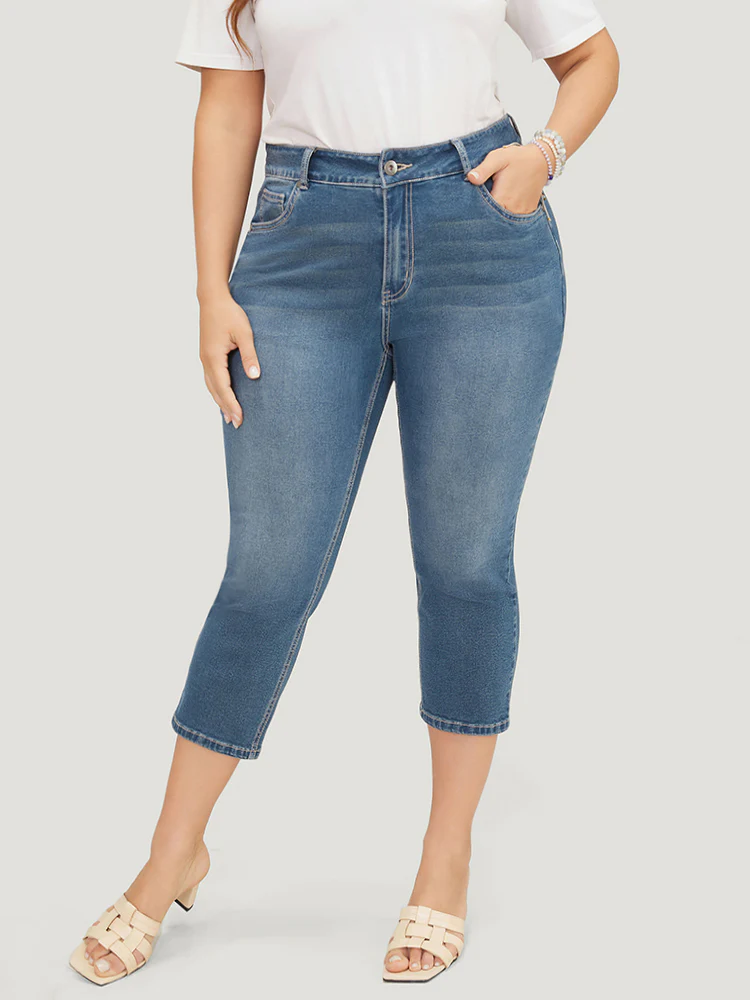 Skinny Very Stretchy High Rise Medium Wash Cropped Jeans - Image 4