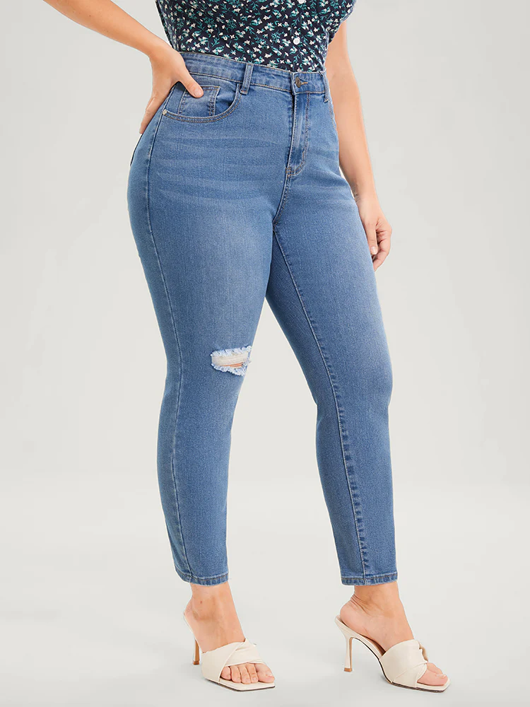 Skinny Very Stretchy High Rise Medium Wash Distressed  Ankle Jeans - Image 3