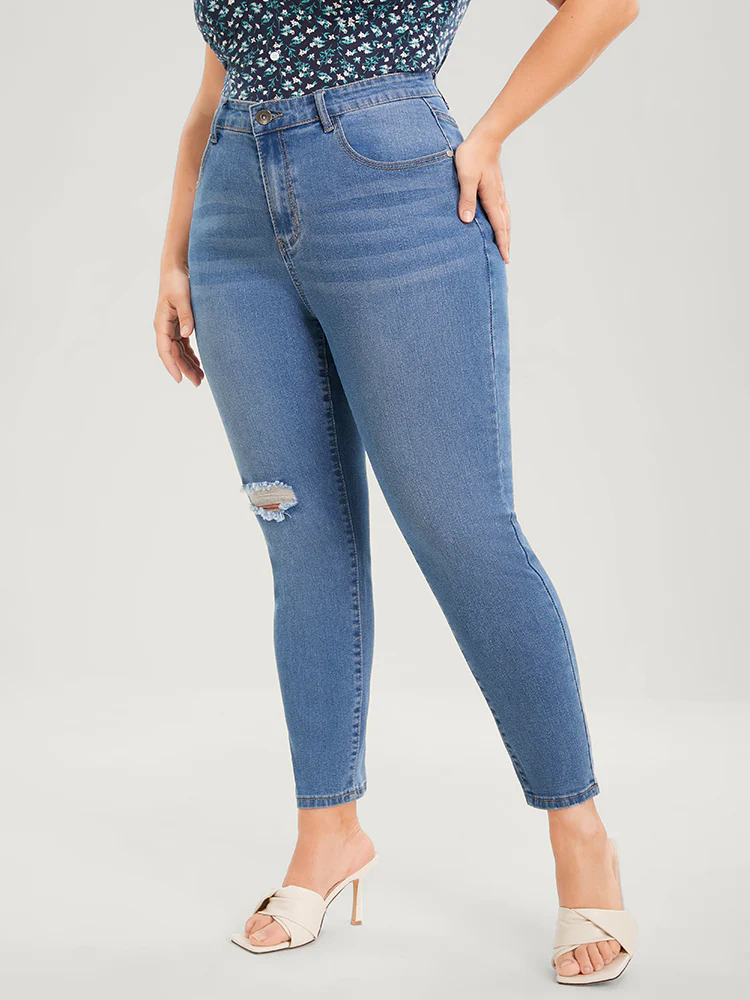 Skinny Very Stretchy High Rise Medium Wash Distressed  Ankle Jeans - Image 4