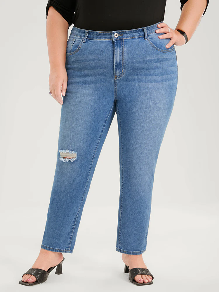 Skinny Very Stretchy High Rise Medium Wash Distressed  Ankle Jeans - Image 8