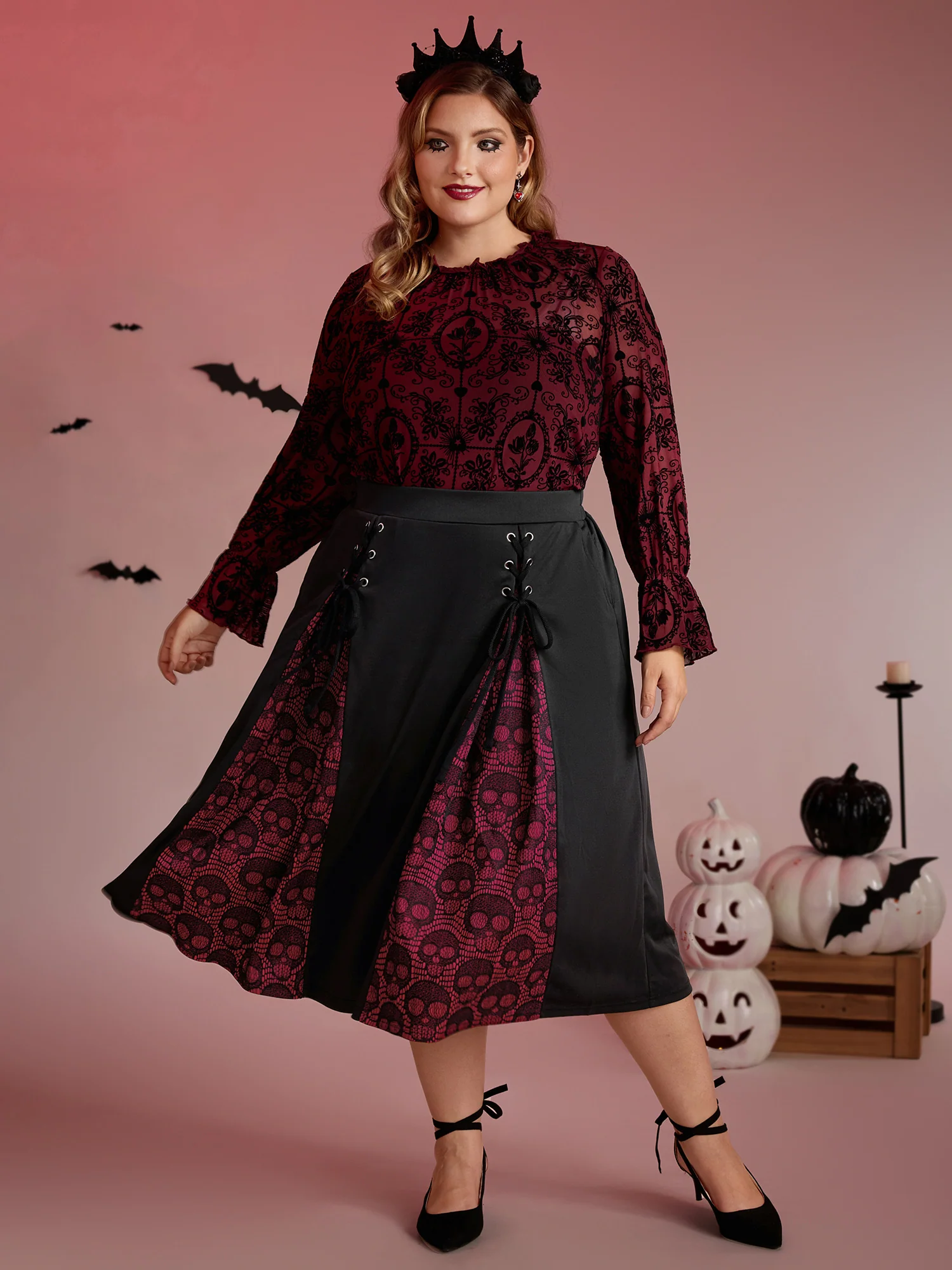 Skull Mesh Panel Cross-Tie Maxi Skirt - Image 2
