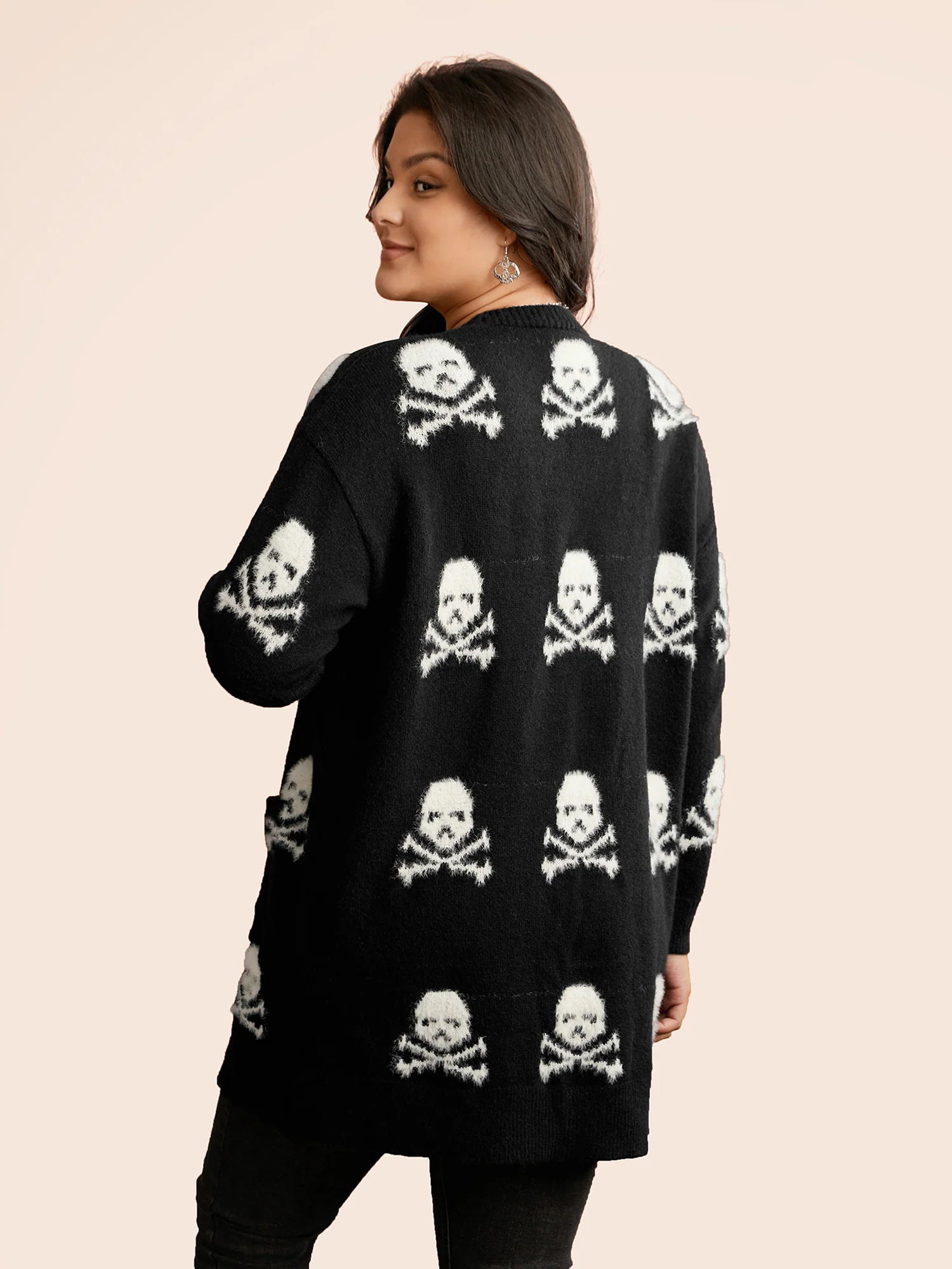 Skull Pattern Plus Jacquard Open Cardigan - Image 2