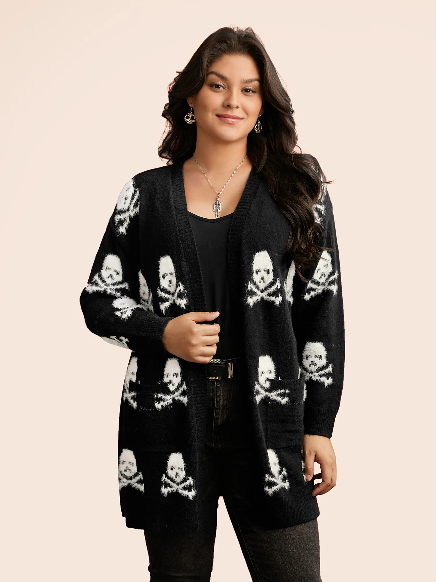Skull Pattern Plus Jacquard Open Cardigan - Image 3