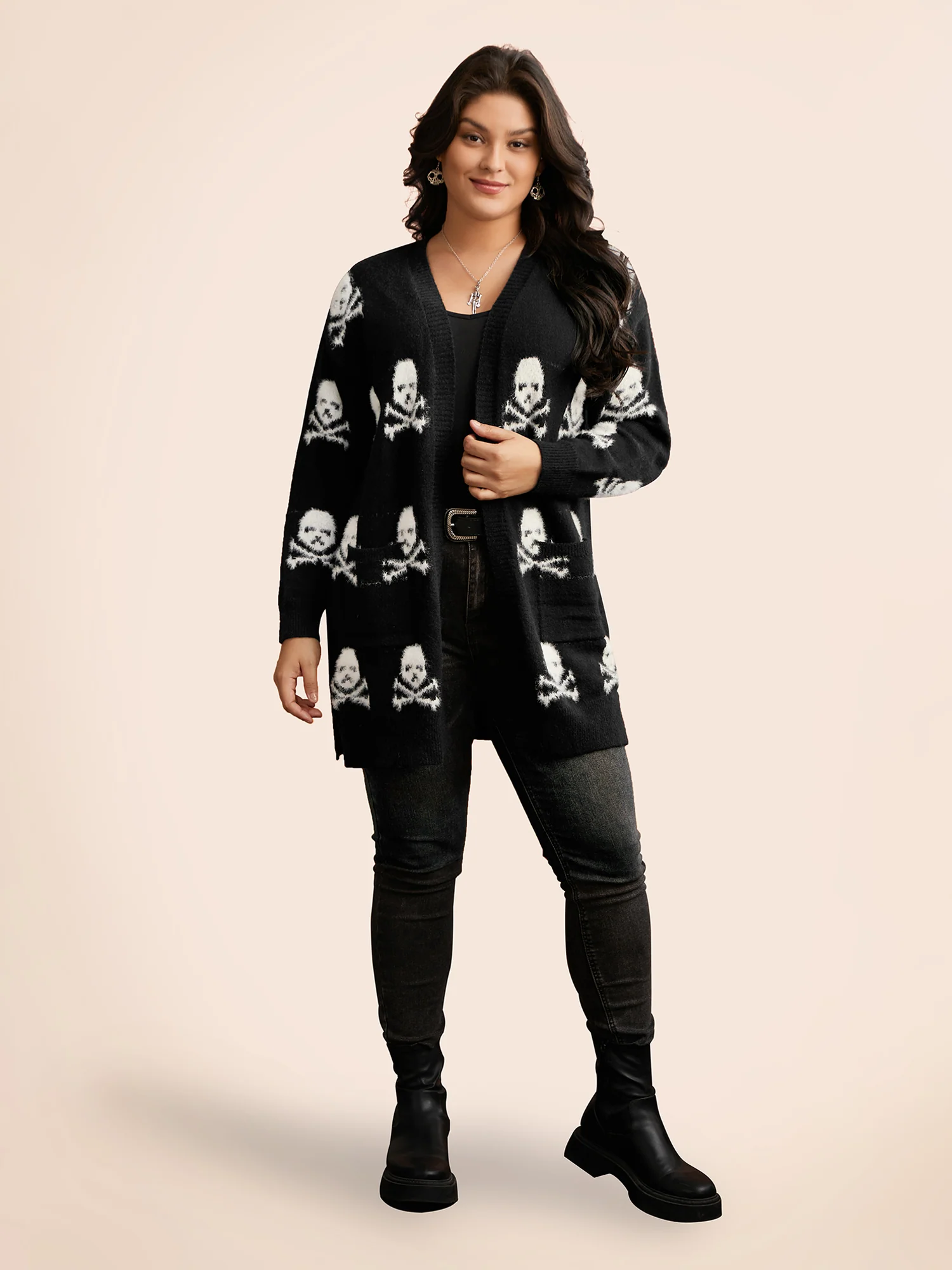Skull Pattern Plus Jacquard Open Cardigan - Image 4