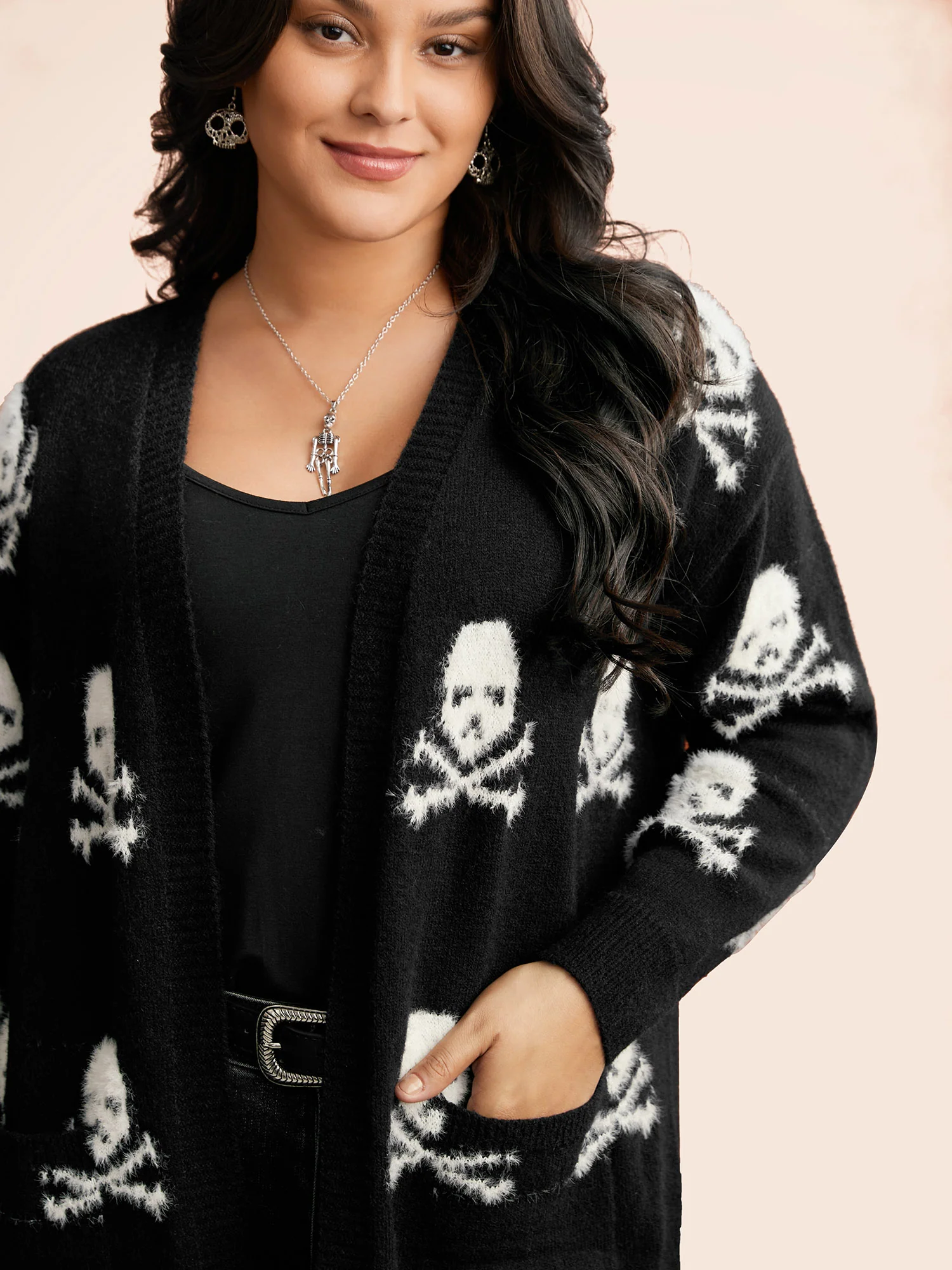 Skull Pattern Plus Jacquard Open Cardigan - Image 5