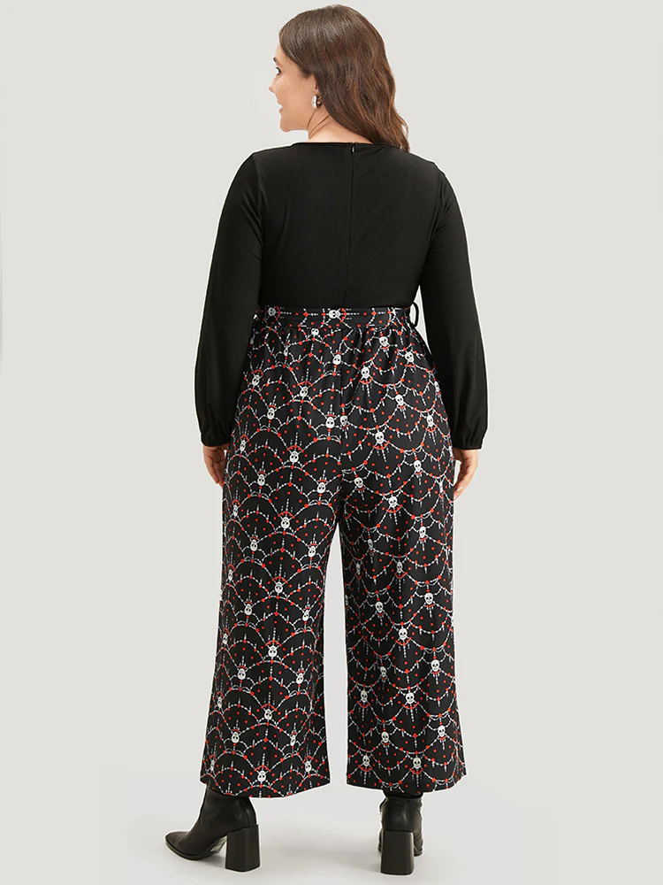 Halloween Skull Print Patchwork Belted Jumpsuit - Image 2