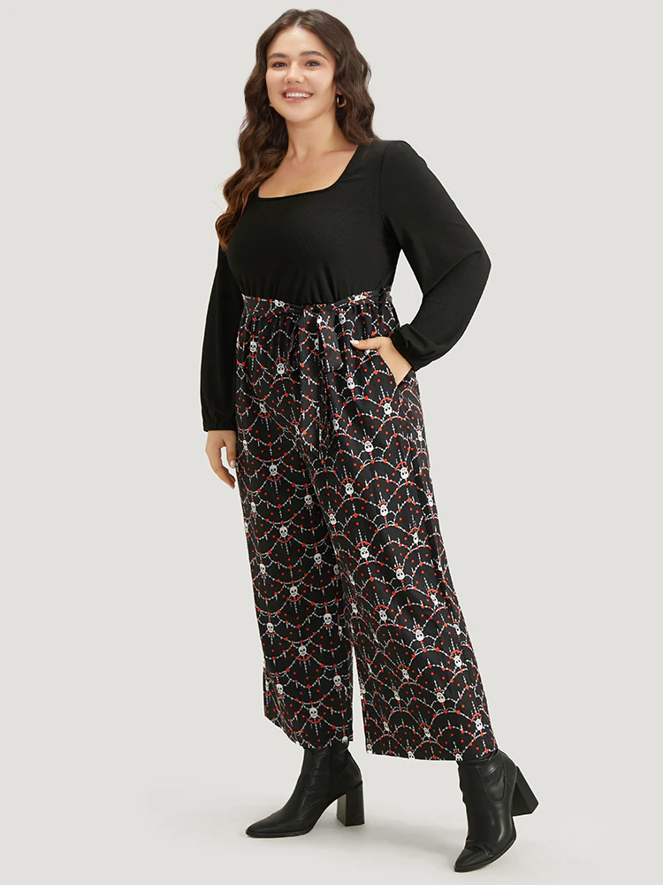 Halloween Skull Print Patchwork Belted Jumpsuit - Image 3