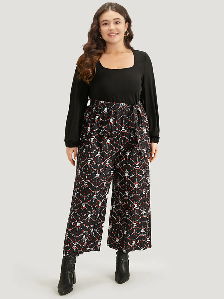 Halloween Skull Print Patchwork Belted Jumpsuit - Image 4