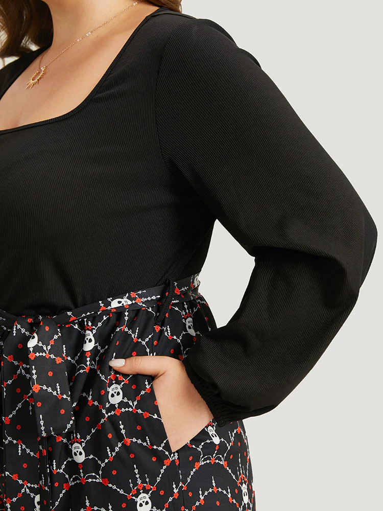 Halloween Skull Print Patchwork Belted Jumpsuit - Image 5