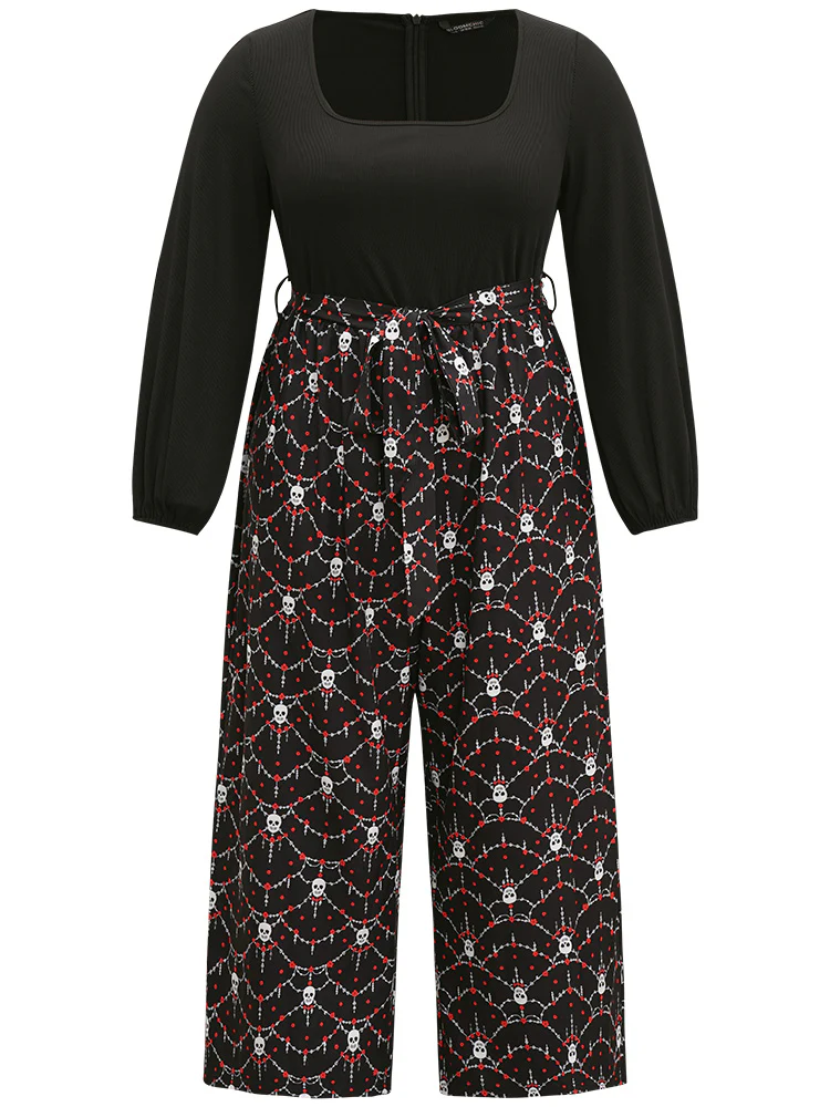 Halloween Skull Print Patchwork Belted Jumpsuit - Image 7