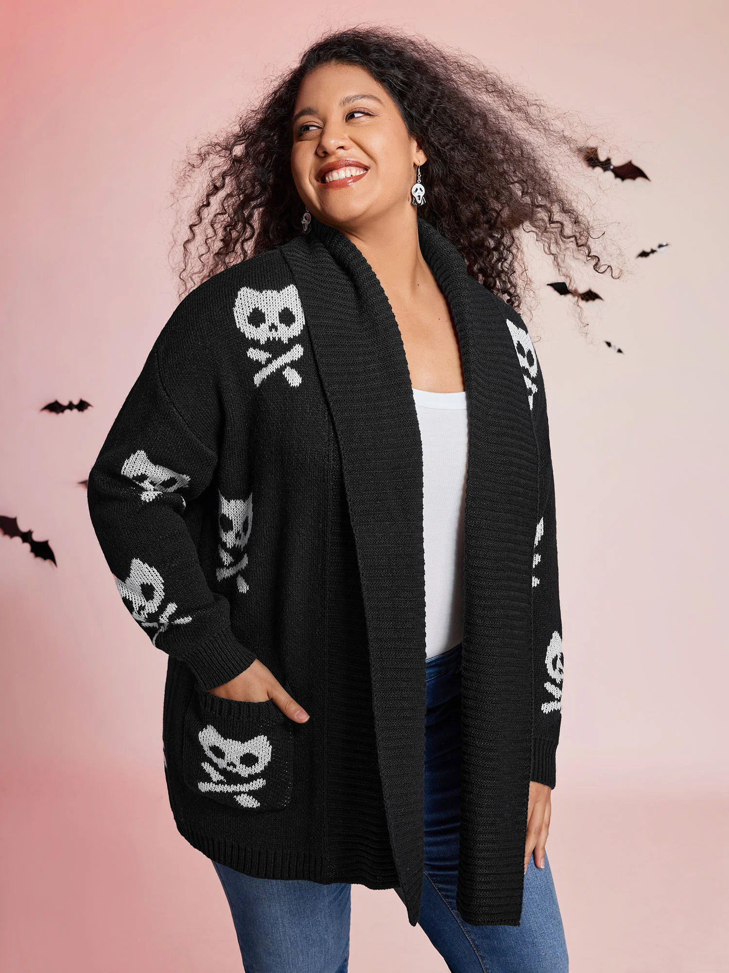 Skull Print Shawl Collar Knit Cardigan - Image 2