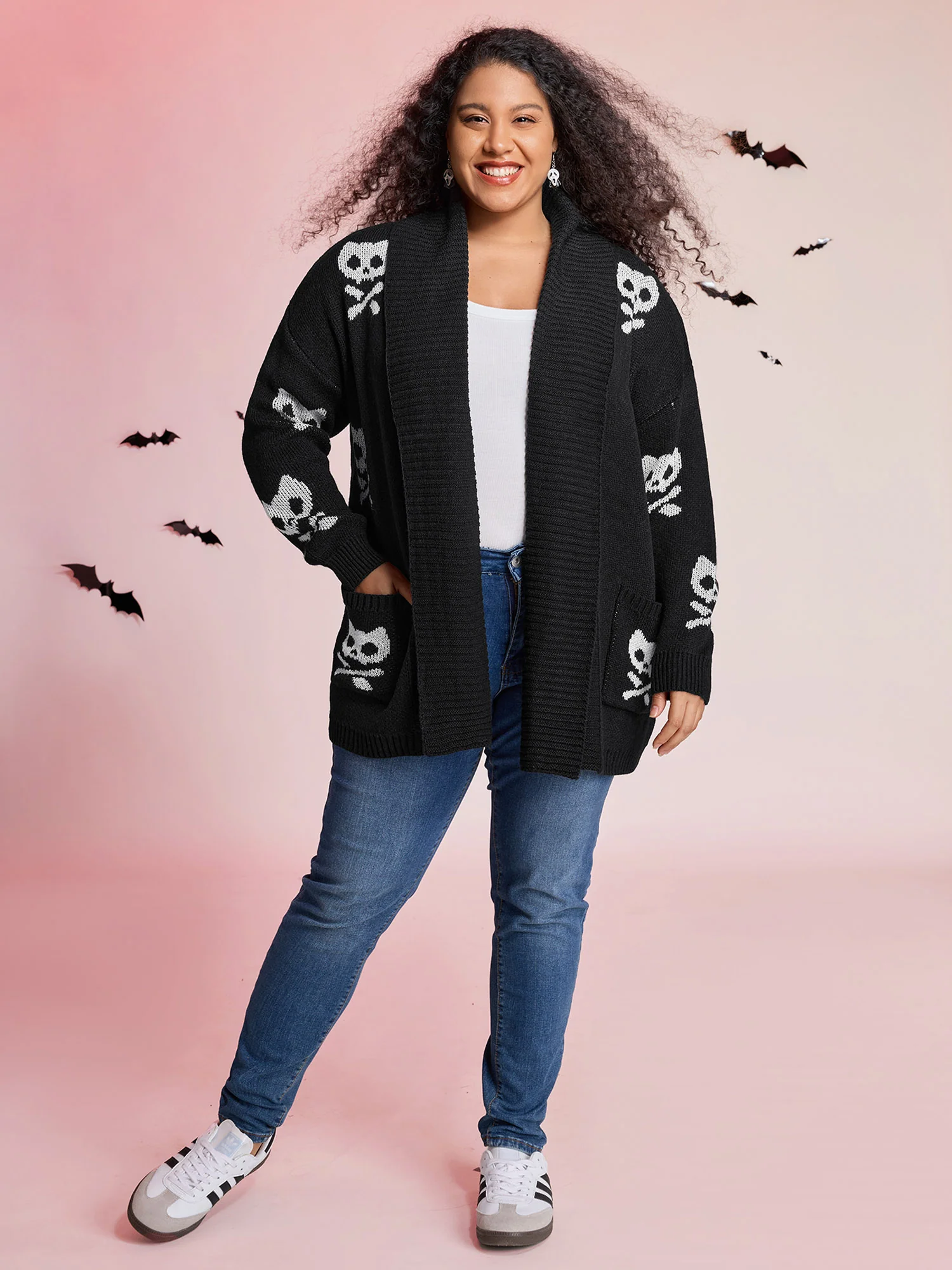 Skull Print Shawl Collar Knit Cardigan - Image 3