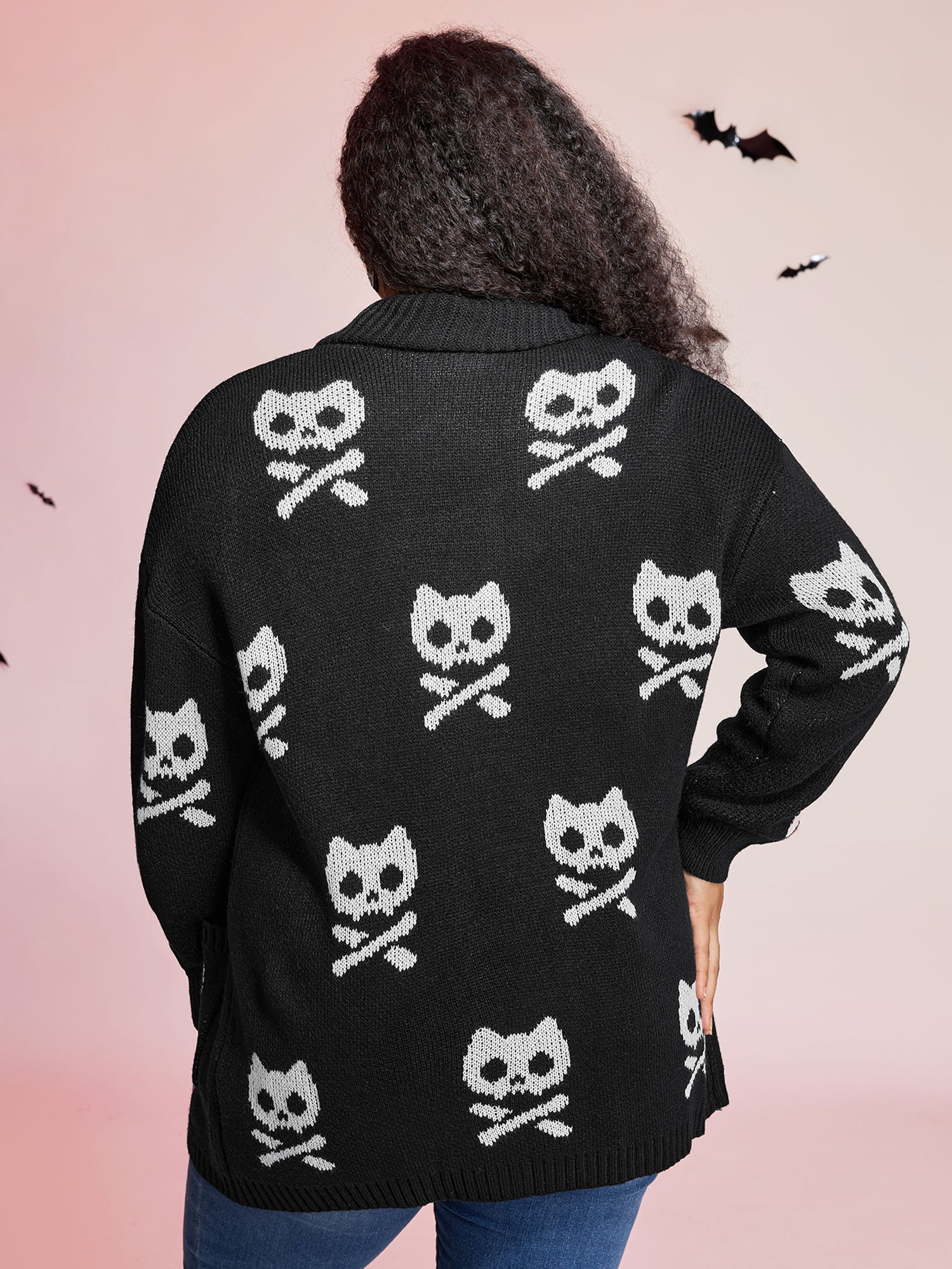 Skull Print Shawl Collar Knit Cardigan - Image 4