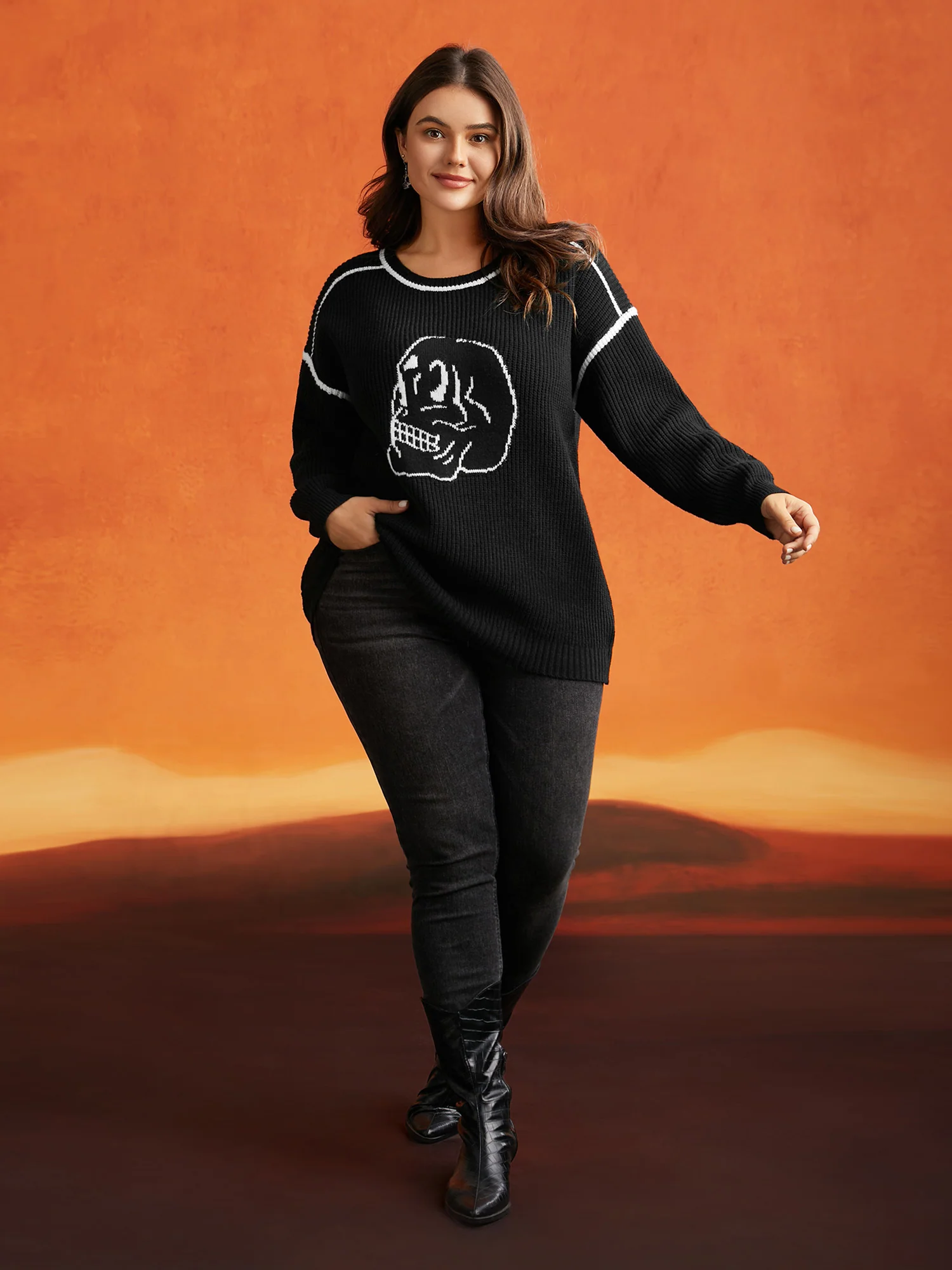Skull Printed Balloon Sleeves Pullover - Image 4