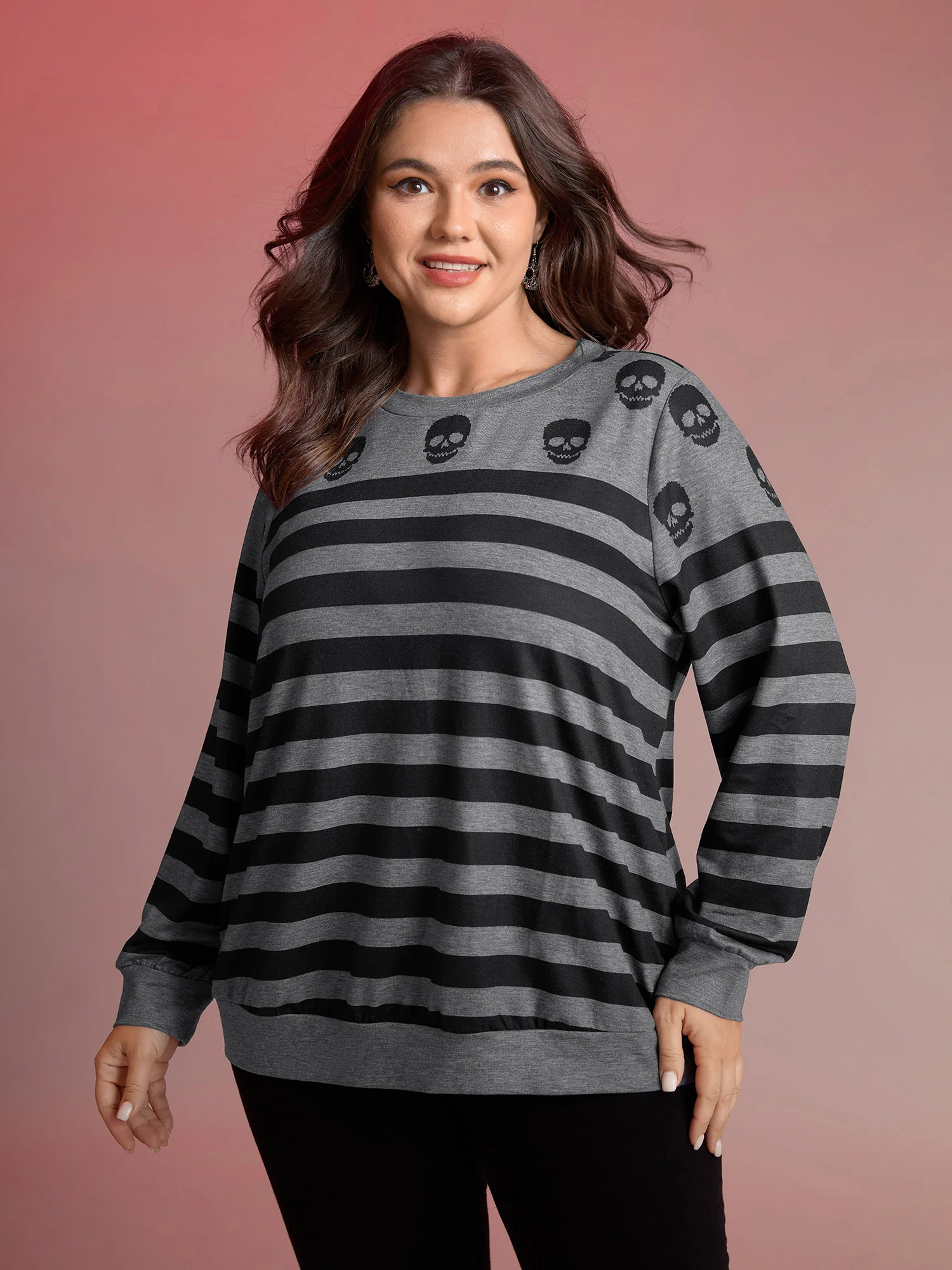Skull Stripe Print Crewneck Sweatshirt - Image 2
