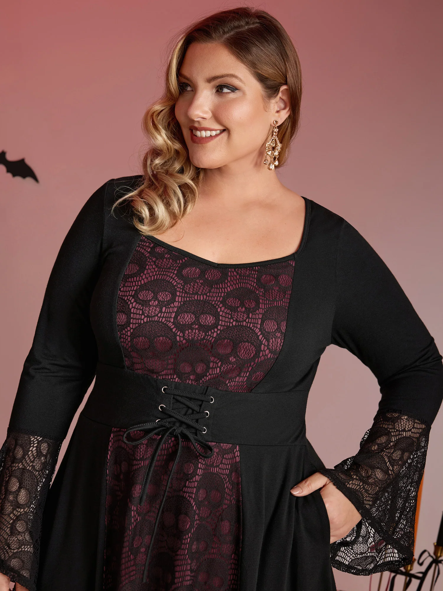 Skull Wide-Waist Tie Contrast Midi Dress - Image 2
