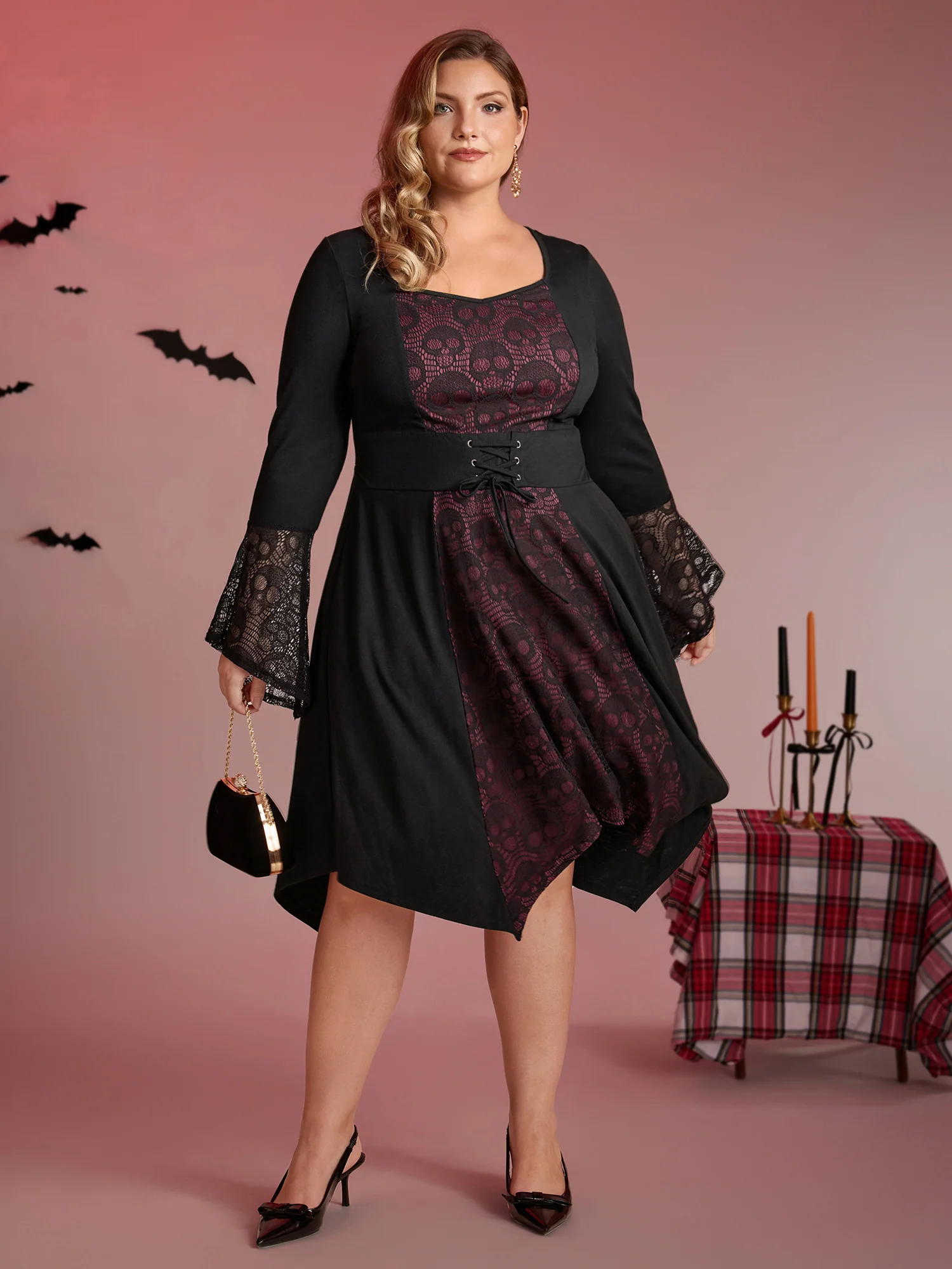 Skull Wide-Waist Tie Contrast Midi Dress - Image 3