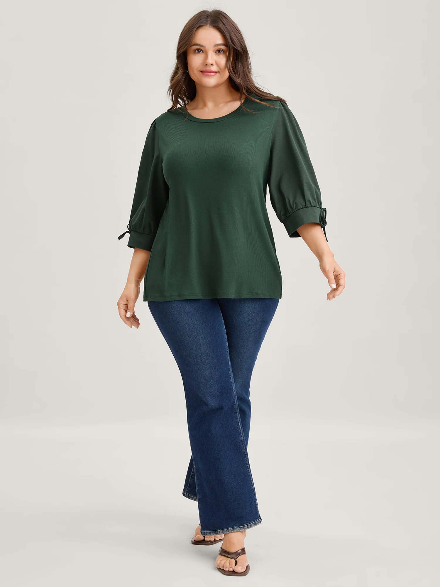 Sleeve Tie Plain Knit Solid Top - Image 2