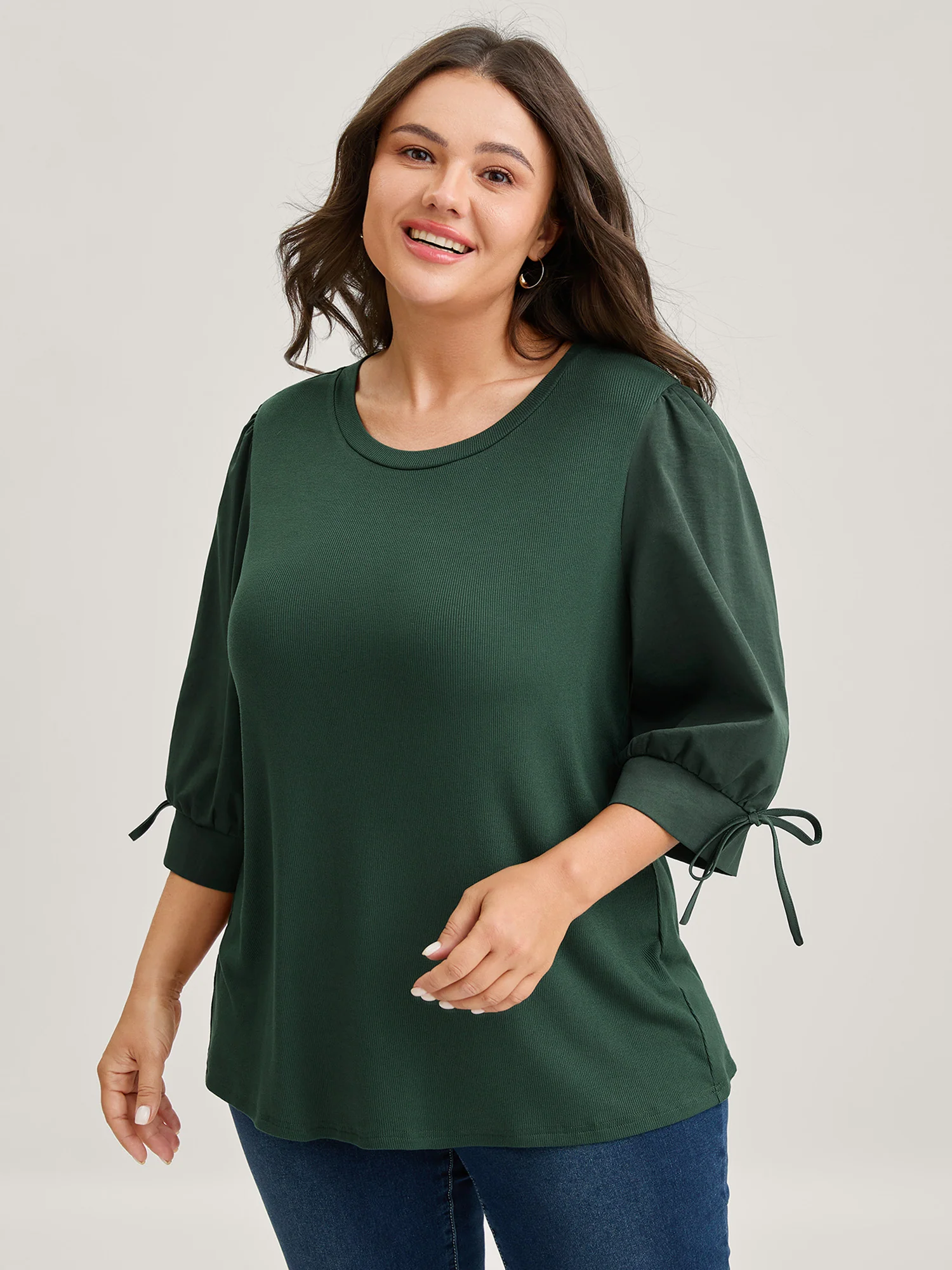 Sleeve Tie Plain Knit Solid Top - Image 3