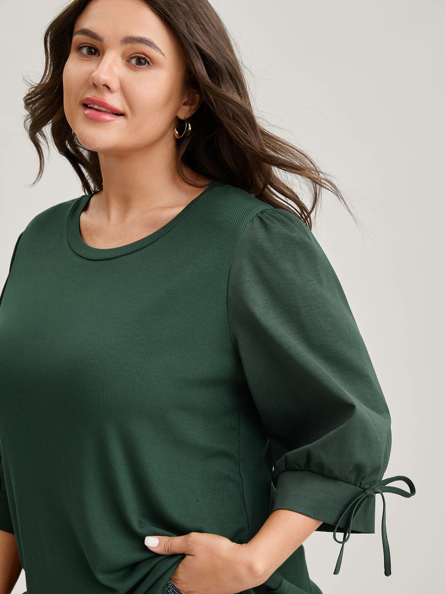 Sleeve Tie Plain Knit Solid Top - Image 4