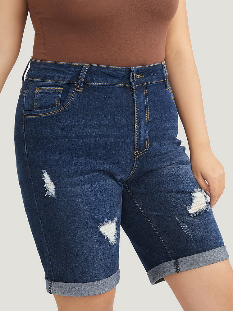 Slightly Stretchy High Rise Dark Wash Distressed Denim Shorts - Image 2