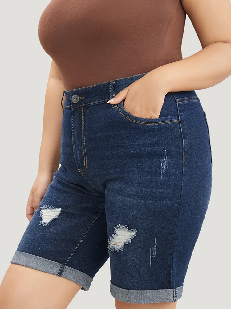 Slightly Stretchy High Rise Dark Wash Distressed Denim Shorts - Image 3