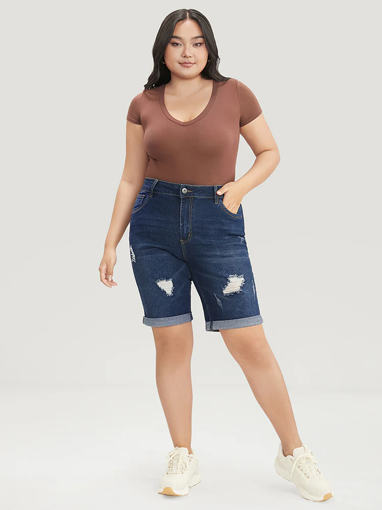 Slightly Stretchy High Rise Dark Wash Distressed Denim Shorts - Image 4