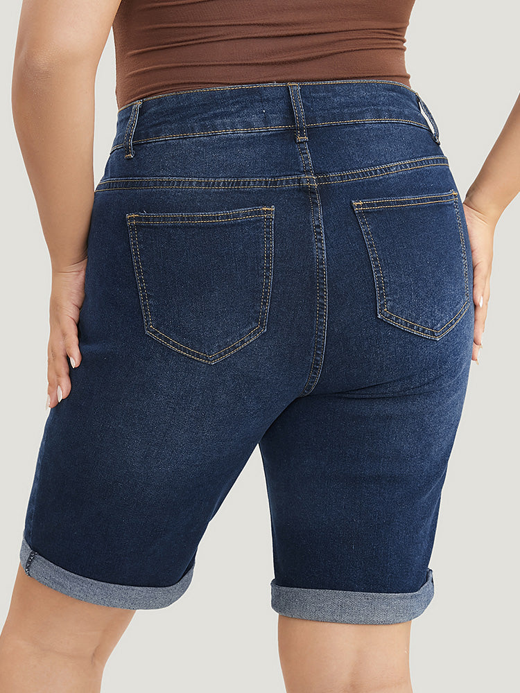 Slightly Stretchy High Rise Dark Wash Distressed Denim Shorts - Image 5
