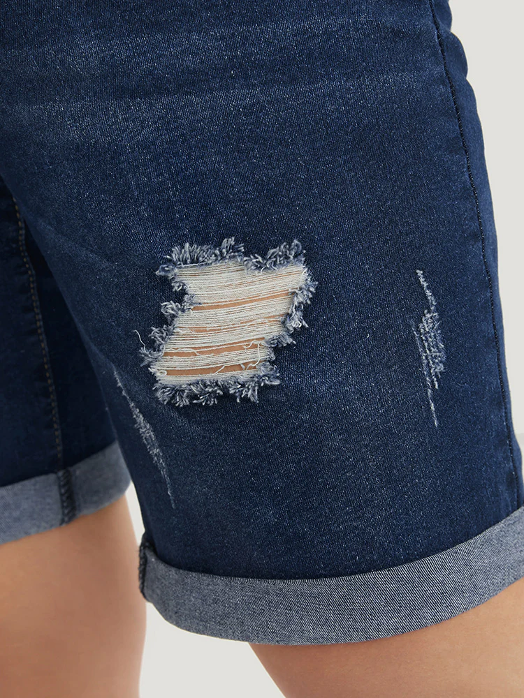 Slightly Stretchy High Rise Dark Wash Distressed Denim Shorts - Image 8