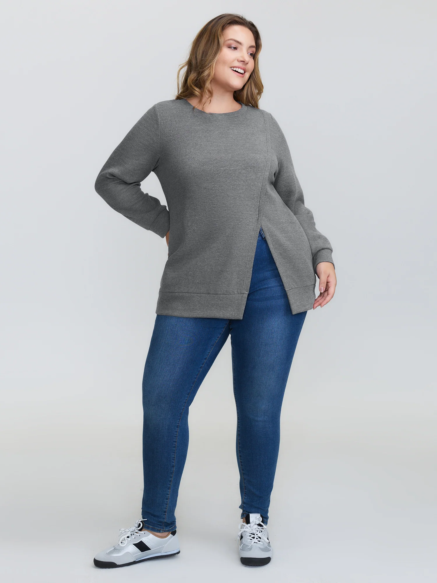 Slit Hem Round Neck Solid Sweatshirt - Image 2