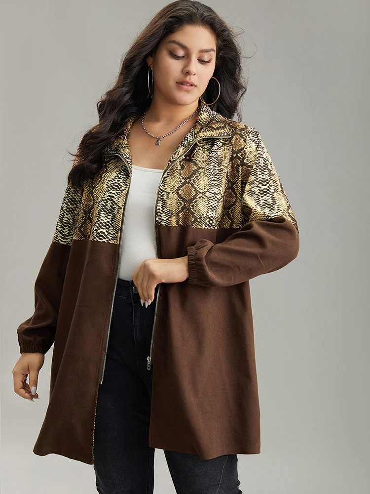 Snakeskin Print Patchwork Contrast Zipper Windbreaker - Image 2
