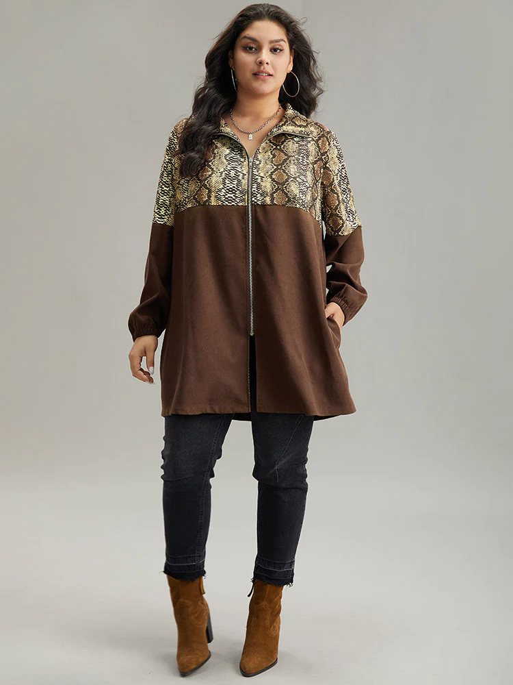 Snakeskin Print Patchwork Contrast Zipper Windbreaker - Image 3