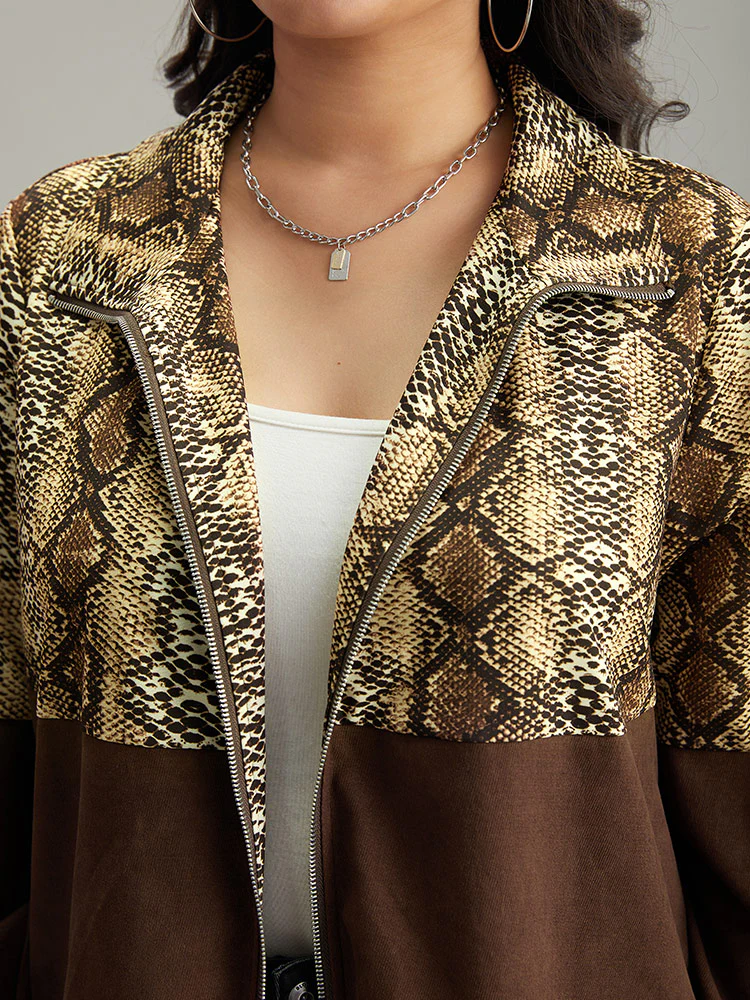 Snakeskin Print Patchwork Contrast Zipper Windbreaker - Image 5