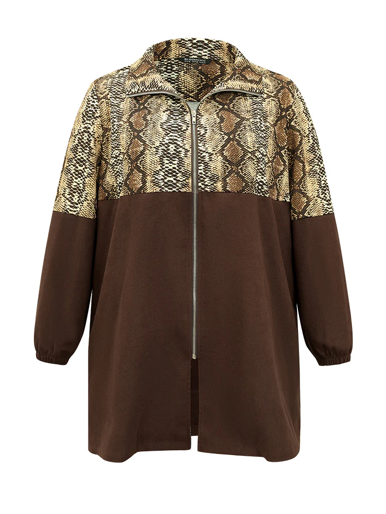 Snakeskin Print Patchwork Contrast Zipper Windbreaker - Image 7